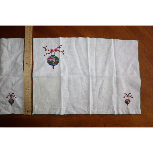 Vtg Cross Stitch Placemats Or Napkins Japanese Cherry Blossom Building 18x12" - Picture 5 of 16